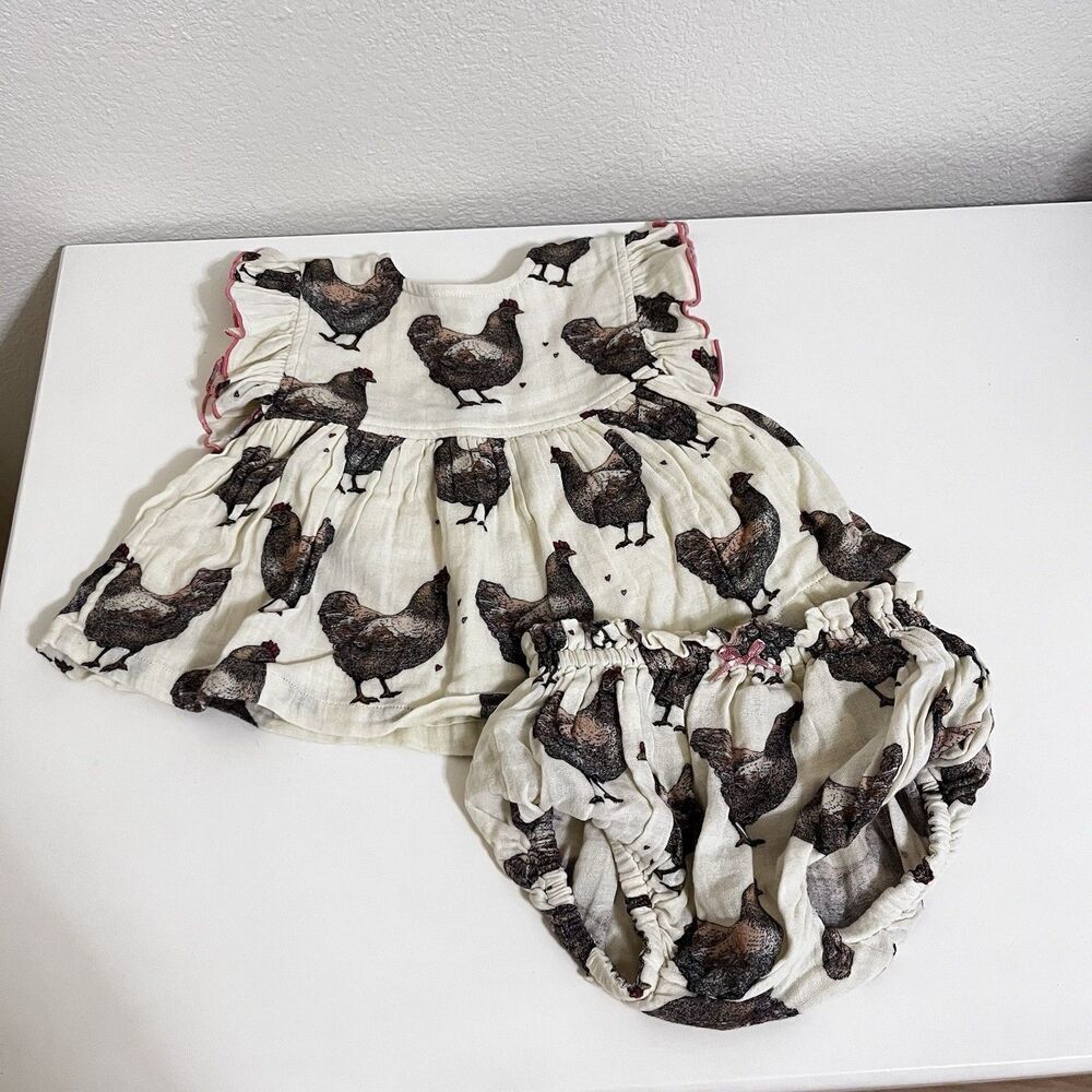 Pink Chicken Dress and Bloomers Set Chickens Print Gauze Girls Size 12-18 Months